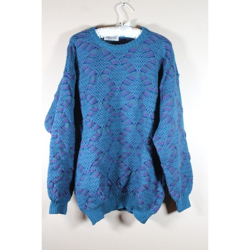 Pronto Uomo Medium Funky Sweater Italy Vintage Wool Blue Purple Bold 80s 90s